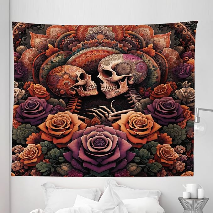 Ambesonne Hippie Tapestry King Size, Mystic Rose Flowers and Oriental Mandala Skeleton Lovers Goth Art Skulls, Wall Hanging Bedspread Bed Cover Wall Decor, 104" X 88", Vermilion Dark Magenta
