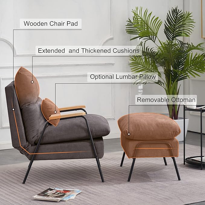 MCombo Accent Recliner Chair with Ottoman, Modern Fabric Armchair, Upholstered Sofa Bed for Living Room Bedroom, Small Space 4055 (Black Frame, Grey)