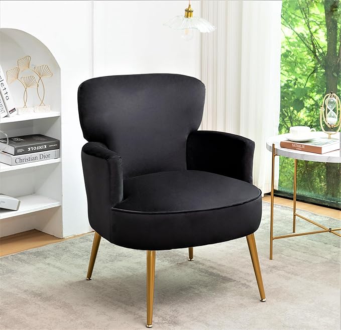Trendy Velvet Accent Chair with Gold Metal Legs, Upholstered Armchair for Small to Mid-Size Spaces, Modern Living Room, Bedroom, Vanity Desk and Entryway, Black