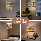 Pastoral Landscape Lamp Shade with Acrylic Bead Droplets, Drum Fabric Light Shade for Ceiling Pendant Table & Floor Lamps, Farmhouse Country Style Decor, 11.8in