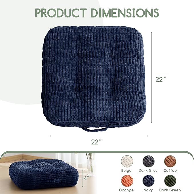6" Washable Floor Pillow Cushion for Adults, Meditation Cushion Pillow, Removable Tufted Blended Corduroy Cover, Large Square Floor Sitting for Tatami Living Room or Yoga, 22x22 Inch, Machine Washable