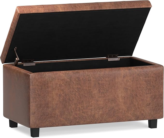 SIMPLIHOME Cosmopolitan Storage Ottoman - 34 inch Wide Upholstered Vegan Leather Rectangle Storage Ottoman Bench in Distressed Saddle Brown, Transitional Tufted Ottoman for Entryway with Lift-Up Lid