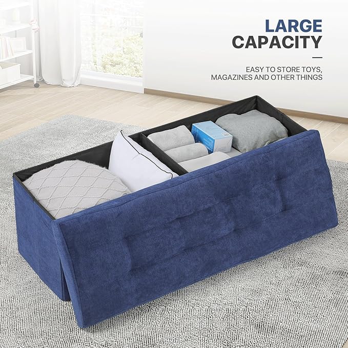 MoNiBloom 43 Inches Folding Storage Ottoman Bench, Storage Chest, Padded Seat, End of Bed Bench, Linen Fabric Ottoman Footrest for Living Room, Bedroom, Entryway, Navy Blue