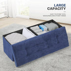 MoNiBloom 43 Inches Folding Storage Ottoman Bench, Storage Chest, Padded Seat, End of Bed Bench, Linen Fabric Ottoman Footrest for Living Room, Bedroom, Entryway, Navy Blue
