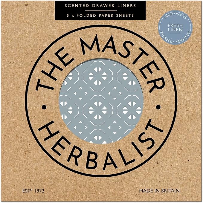 The Master Herbalist Fragrant Scented Drawer Liners in a Geometric Print (Folded) | Natural | Pack of 5 Sheets | Contains Essential Oils | Made in The UK (Dusk Blue | Fresh Linen, Folded)