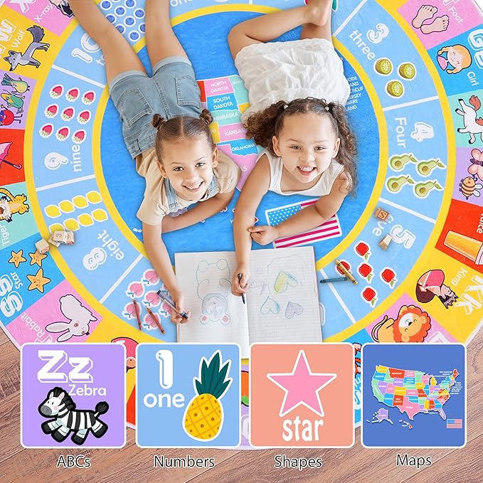 Kids Rugs for Playroom - Soft & Non-Slip 6x6 Feet Round Educational Rug for Learning ABC Alphabet, Numbers, Shapes & Map, Washable Classroom Rug for Toddler Nursery & Kids Room Decor
