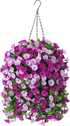 Artificial Flowers with Hanging Basket, Outdoor Faux Plants Silk Morning Glory Vines, Fake Green Arrangement for Garden Patio Spring Summer Decor(Darkorchid)