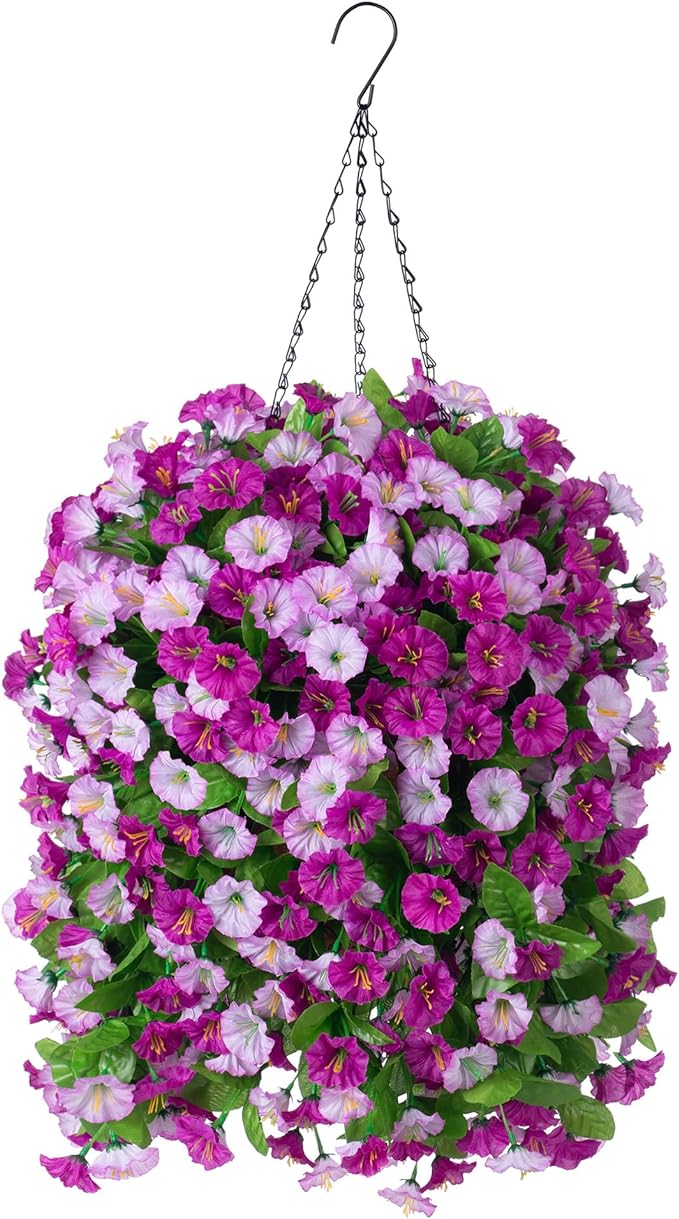 Artificial Flowers with Hanging Basket, Outdoor Faux Plants Silk Morning Glory Vines, Fake Green Arrangement for Garden Patio Spring Summer Decor(Darkorchid)