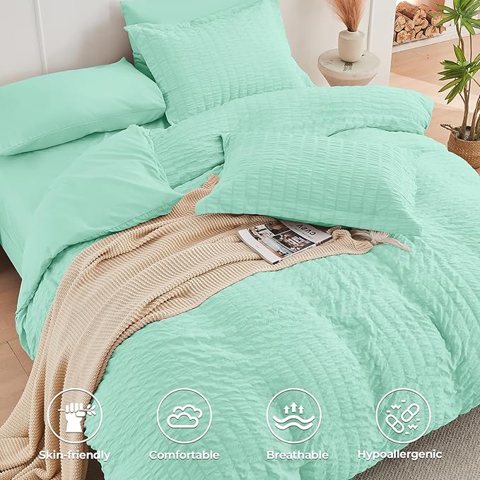 HYMOKEGE Mint Green Twin Comforter Set Seersucker 5 Pieces, All Season Luxury Bed in a Bag for Bedroom, Bedding Set with Comforter, Sheets, Pillowcase & Sham