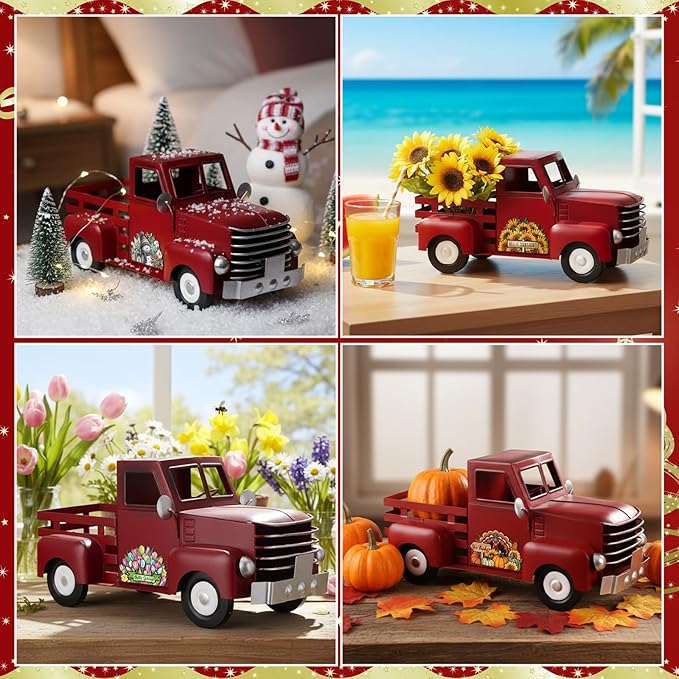Valentines Day Truck Decor 12.2 Inch Farmhouse Vintage Metal Truck with 16 Magnet Valentines Table Decoration for Home Kitchen Spring Mantel Holiday Interchangeable Seasonal Decor(Red)