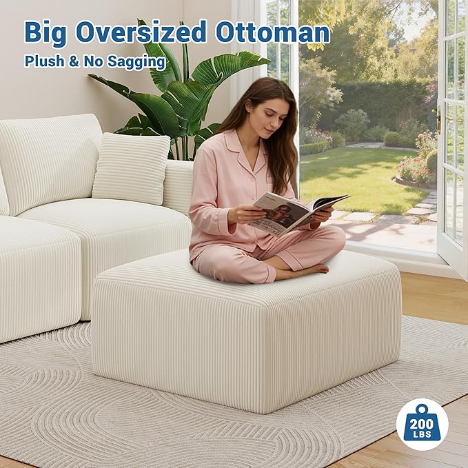 40" Square Stuffed Ottoman Pouf for Sofa Couch, Corduroy Poufs with Foam Chunk Filling, Furry & Fluffy Pouf Footstool Movable Ottoman. 40*31 Floor Poufs Foot Rest for Living Room, Beige(2 Piece Set)