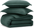 Bedsure Cotton Duvet Cover Queen - 100% Cotton Waffle Weave Forest Green Duvet Cover Queen Size, GentleSoft™ and Breathable Bedding Set for All Season, 3 Pieces, 90"x90"