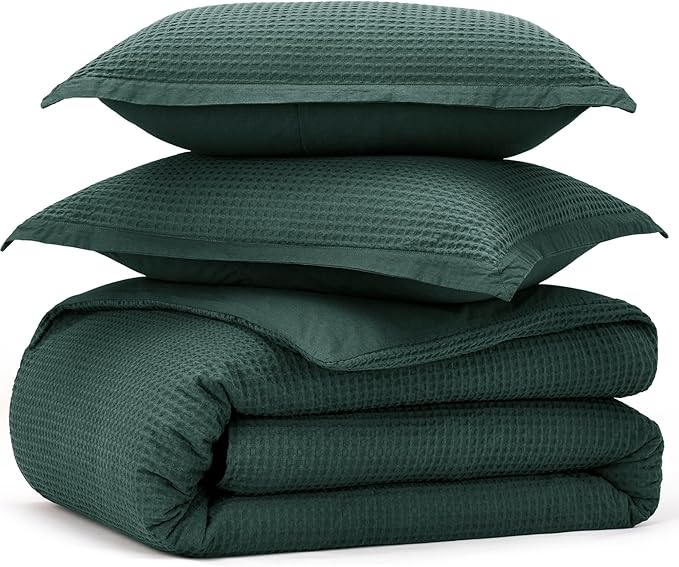 Bedsure Cotton Duvet Cover King - 100% Cotton Waffle Weave Forest Green Duvet Cover King Size, GentleSoft™ and Breathable Bedding Set for All Season, 3 Pieces, 104"x90"