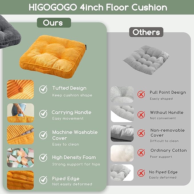 HIGOGOGO Washable Floor Pillow Cushion for Adults, Meditation Cushion Pillow, Large Square Floor Sitting, Removable Tufted Corduroy Cover, for Tatami Living Room or Yoga, 22x22 Inch, Machine Washable