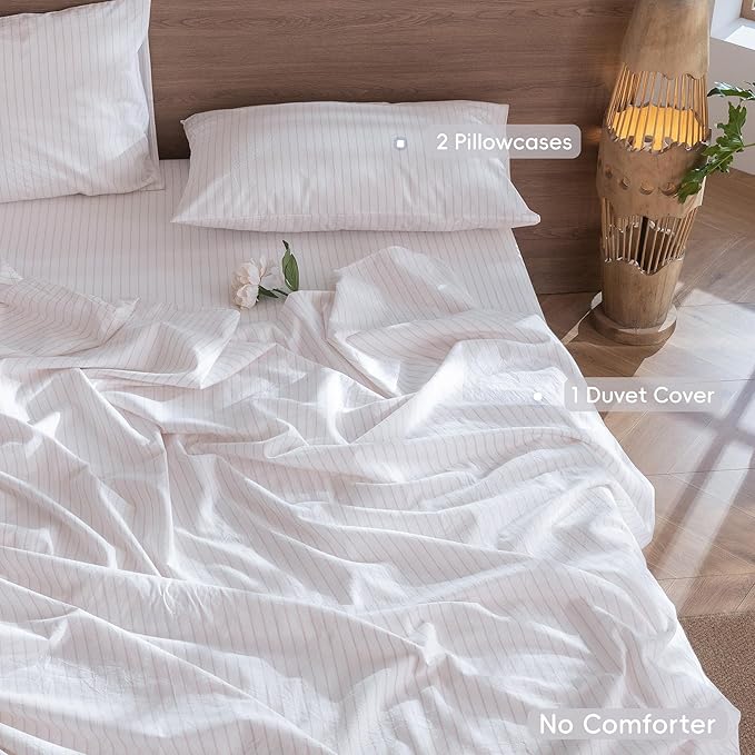 MooMee Striped Duvet Cover Set 100% Washed Cotton Linen Like Textured Breathable Durable Soft Comfy (White Heathered Greyish Pink Wide Stripes, Palatial King/Oversized King 120"x98")