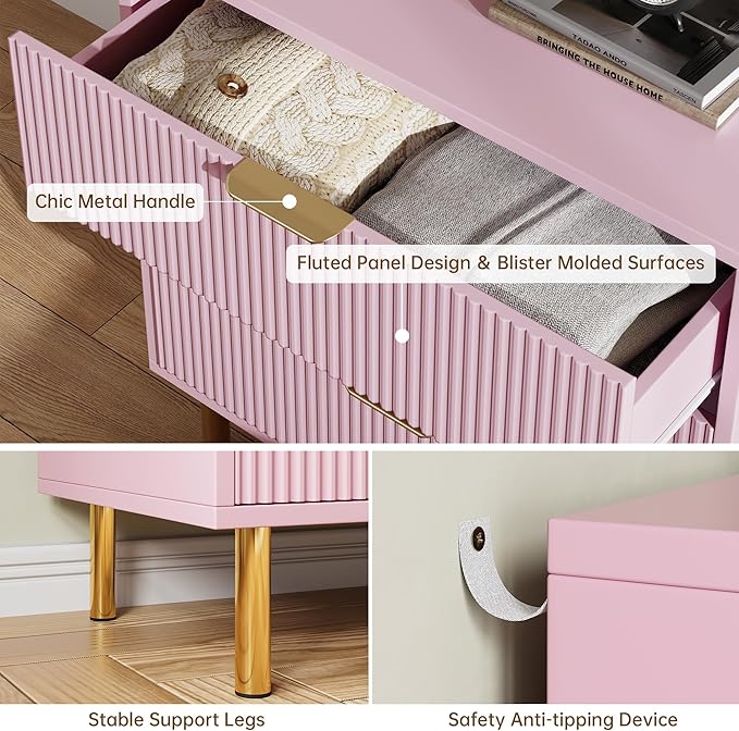 GarveeHome Pink Dresser, Modern 3 Drawer Dresser for Bedroom with Gold Handle and Large Drawer, Wood Double Chest of Drawers and Storage Organizer for Living Room, Hallway, Entryway