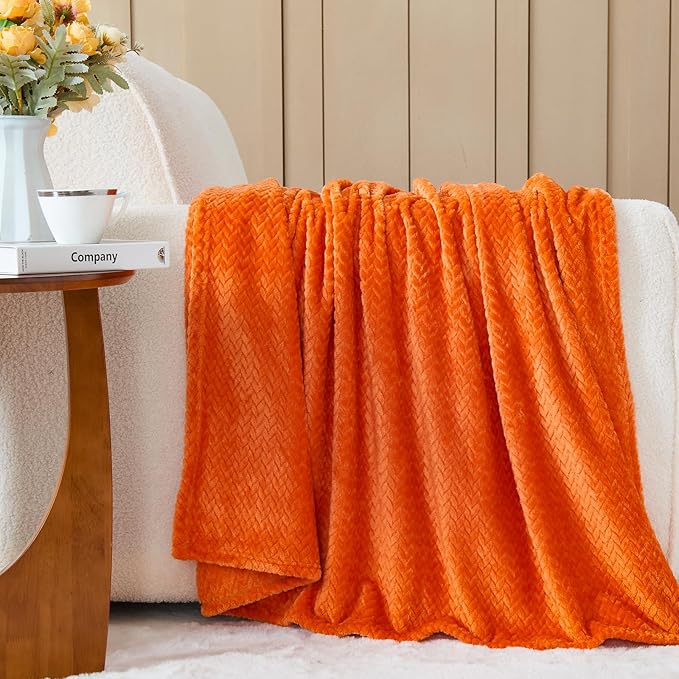 NEWCOSPLAY Super Soft Queen Blanket Orange Premium Silky Flannel Fleece Leaves Pattern Lightweight Bed Blanket All Season Use (Orange, Queen(90"x90"))