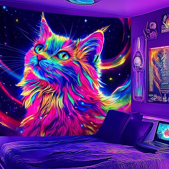 NYZE Cat Tapestry for Bedroom, Music Wall Tapestry, Party Decor Glow in the Dark Room Decor Tapestries, Cool Galaxy Planet Wall Hanging, Wall Hanging for Room Dorm 59in×51in