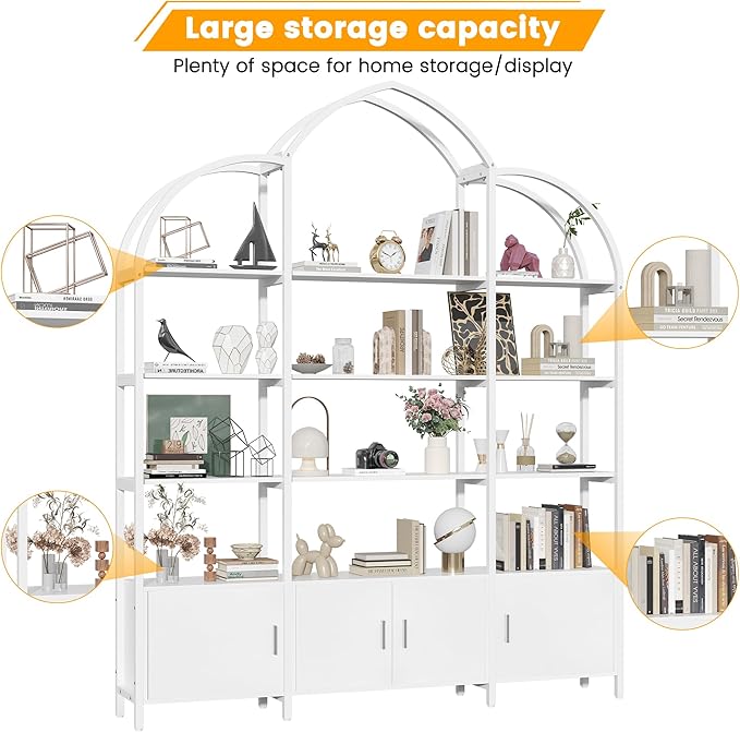 Semoic Arched Bookshelf and Bookcase with 3 Cabinets, Triple Wide 5 Tier Standing Book Shelf, Storage Display Rack Shelves, Industrial Open Bookshelf, Etagere Bookcase, White