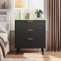 GarveeHome Black Fluted 3 Drawers Dresser, Wide Wood Chest of Drawers, Modern Storage Dresser Chest of Drawers Organizer with Metal Legs and Anti-Tipping Device for Bedroom Living Room