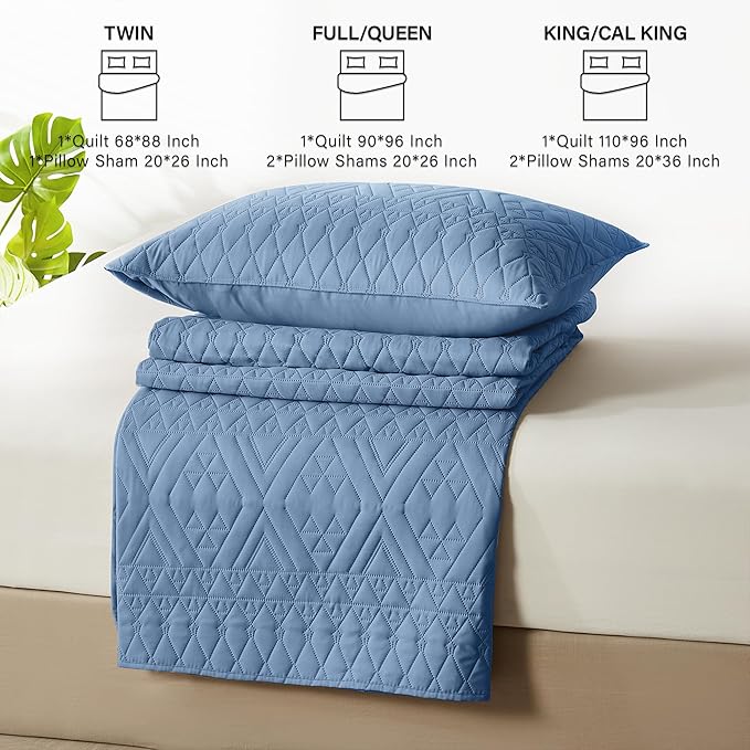 akkialla Full/Queen Quilt Set, Boho Style in a Solid Color, Bluish Grey Lightweight Microfiber Bedspread, Soft and Breathable Coverlet for All Seasons, 3-Piece Bedding Set (1 Quilt, 2 Pillow Shams)