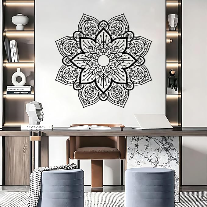 Metal Mandala Flower Wall Art, Large Metal Round Mandala Wall Decor, Lotus Flower Wall Decor, Modern Farmhouse Wall Art for Living Room, Bedroom, Office and Yoga Room (White, 35"x35"/90x90cm)