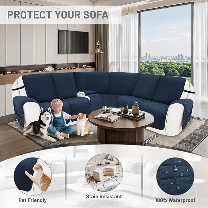 Reclining Sectional Couch Covers 100% Waterproof Velvet L Shape Recliner Couch Covers for Sofa Pets Washable Anti Slip Recliner Slipcovers with Pockets (5 Seat Sofa with 1 Console, Navy Blue)