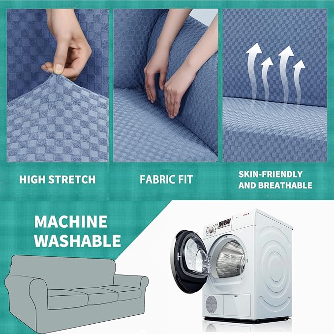 YEMYHOM Latest Checkered 4 Pieces Couch Covers for 3 Cushion Couch High Stretch Thickened Sofa Cover for Dogs Pets Elastic Slipcovers Living Room Furniture Protector (Light Blue), 71"-91"(3 Cushions)
