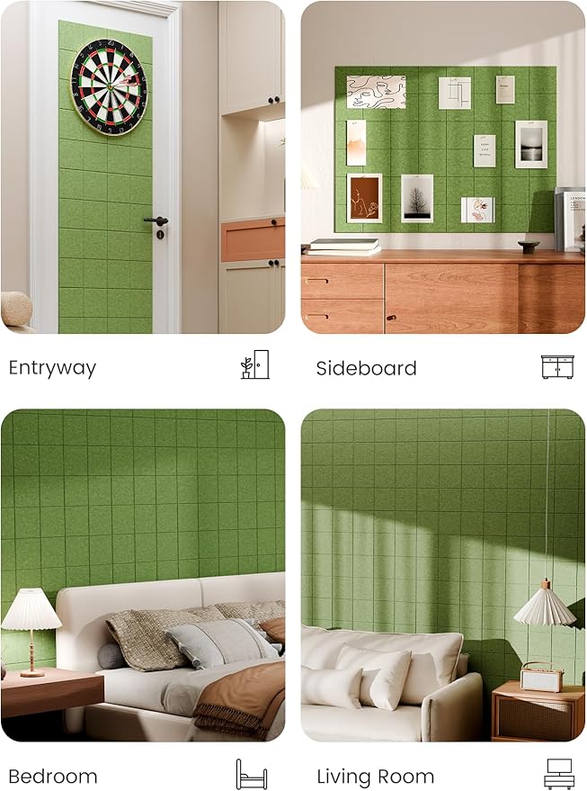 Bumusty Large Felt Bulletin Board, 48" x 36" Cork Board Alternative, 12-Pack Wall Tiles with 4-Compartment Design, 30 Push Pins, 70 Adhesive Tabs, Ideal for Office & Home Decor, Kelly Green