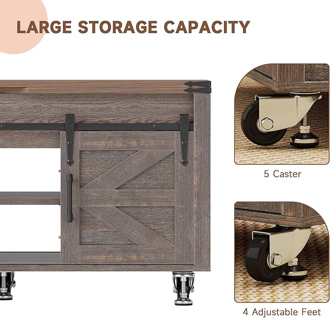 40” Farmhouse Coffee Table Bilateral Lift Top with Sliding Barn Door Movable Rustic Square Center Table with Large Hidden Storage Compartment Lifting Tabletop for Home Living Room,Office (Dark Brown)