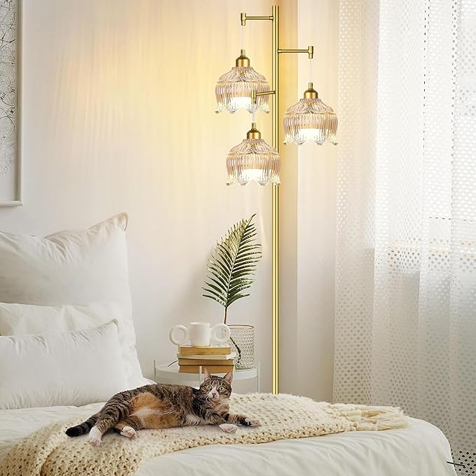 Vintage Floor Lamps for Living Room Bedroom-3 Light Gold Floor Lamp with Glass Lampshape, Flower Tall Lamp Glass Mid Century Standing Lamp Tree Floor Lamp for Living Room Corner