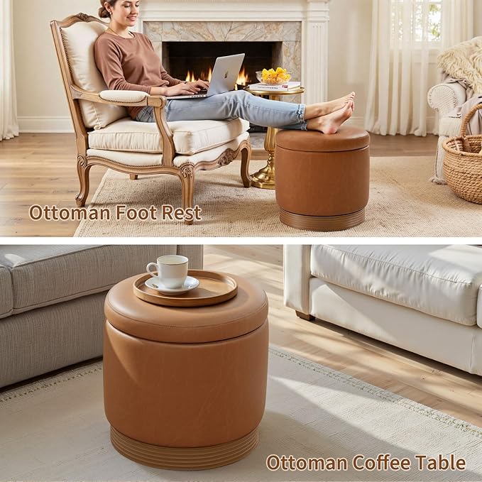 Round Storage Ottoman,Brown Swivel Vanity Stool-Smooth Faux Leather Foot Rest,Footstool Pouf with Sturdy Acacia Wood Frame(500lbs), Hidden Storage Ottoman for Living Room Assembled