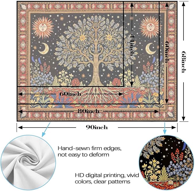 Lunerfex Tree of Life Wall Tapestry - Celestial Sun & Moon Wall Hanging for Bedroom and Living Room Decor - Boho Starry Night Tapestries 80"x60"