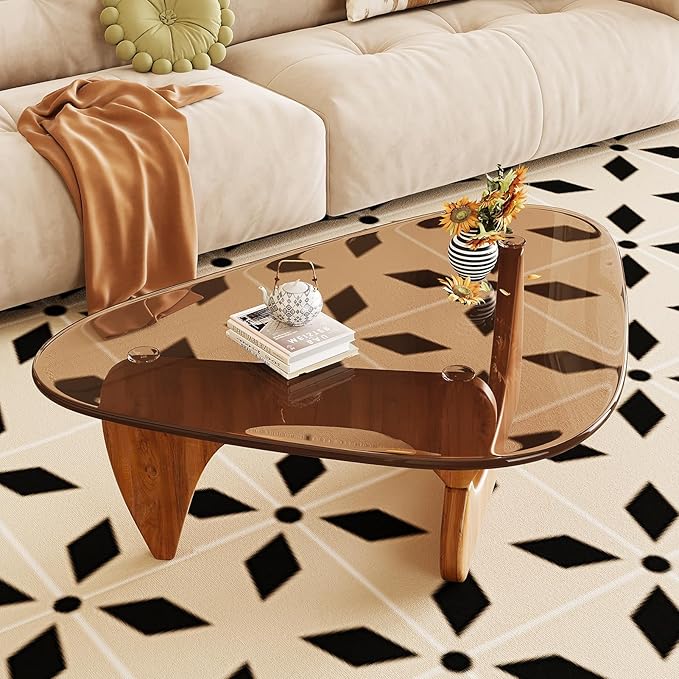 CAJCA Coffee Table for Living Room Mid Century Modern Center Table with Glass Top and Wood, Brown/Walnut