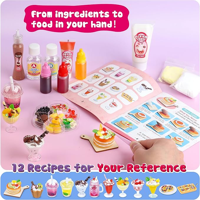 12 Making Miniature Food Toys Set, DIY, Resin Play, NOT Edible, Kitchen Mini Pretend Play Food Set for Kids Age 8-13, Birthday for Girls, 8 9 10, Make Your Food