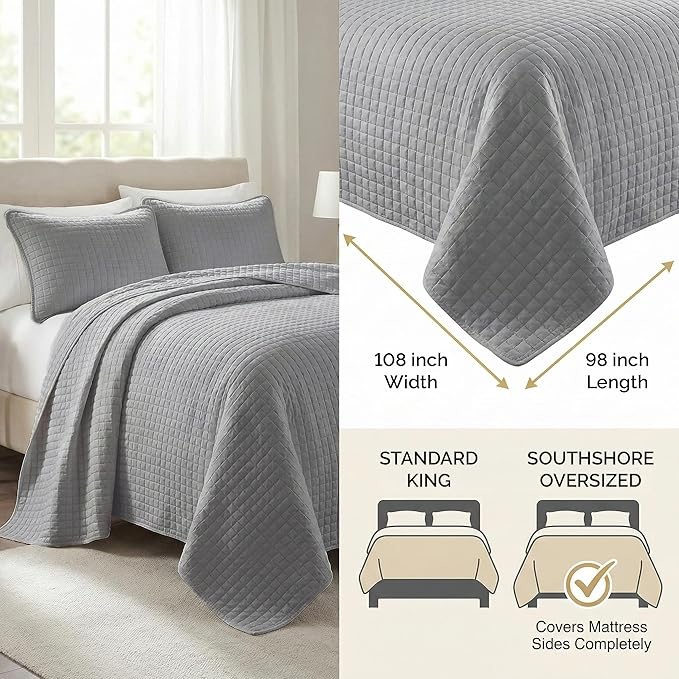 Southshore Fine Living, Inc. Comforter Quilt, King Size Bedding Set, Cal King Quilt Coverlet Set with 2 Shams, Soft Brushed Lightweight Bedspread, Pet Hair Resistant, Steel Grey