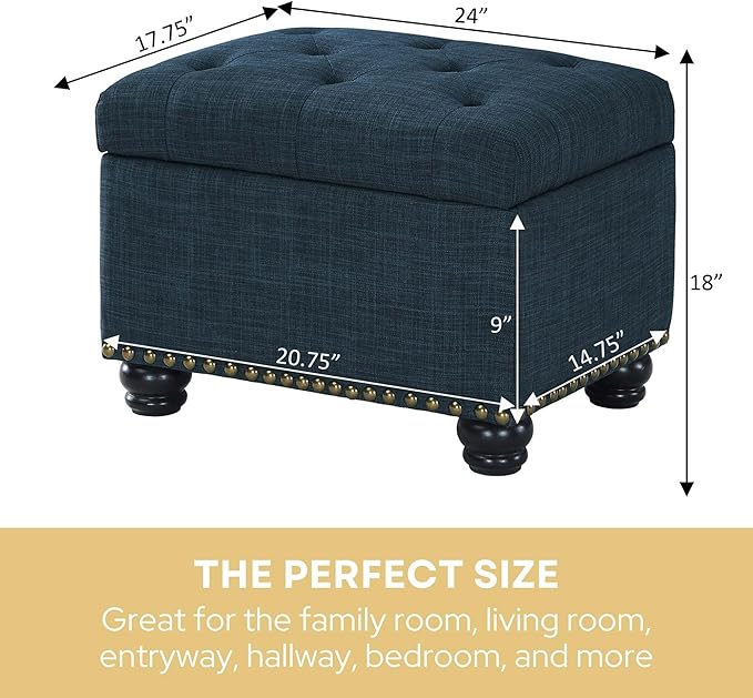Convenience Concepts Designs4Comfort 5th Avenue Upholstered Storage Ottoman 24" - Contemporary Foot Stool and Seat with Hinged Lid for Living Room, Dining Room, Office, Den, Dark Blue Fabric