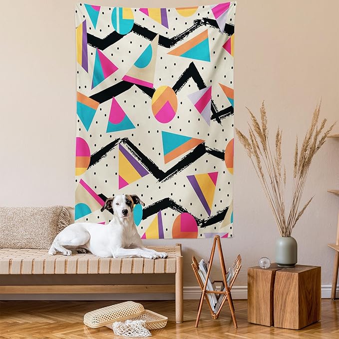 Ambesonne Indie Tapestry Queen Size, Eighties Memphis Fashion Style Geometric Abstract Colorful Design Dots Funky, Wall Hanging Bedspread Bed Cover Wall Decor, 88" X 88", Cream Pink