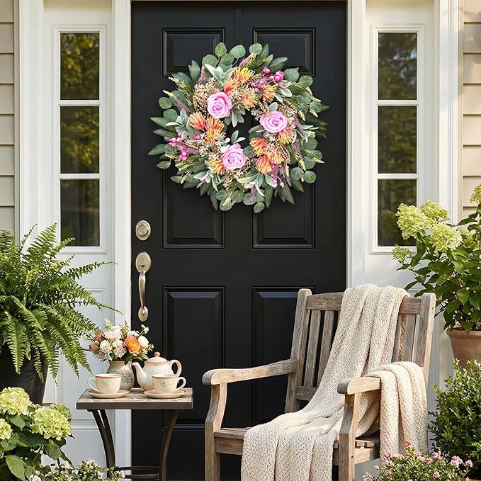 24 Inch Wreath for Front Door Spring Wreath with Purely Handmade Roses, Rose Leaves, Big Berries, Flocking Protea, Home Indoor Outdoor Wall Festival Farmhouse Holiday Decor Year Round