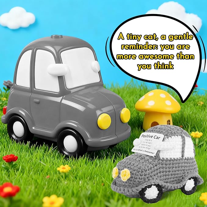 Positive Funny Crochet Car, Emotional Support Mini Handmade Crochet Gift, Inspirational Birthday Gifts for Men Women Friends Boyfriend Dad Coworker, Grey