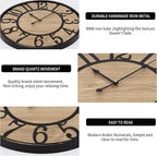 Maxstar Large Wall Clock Silent Bronze Rustic Farmhouse Metal & Wood with Arabic Numeral, Battery Operated Wall Clocks Decorative for Living Room Bedroom Office Home Decor 24inch