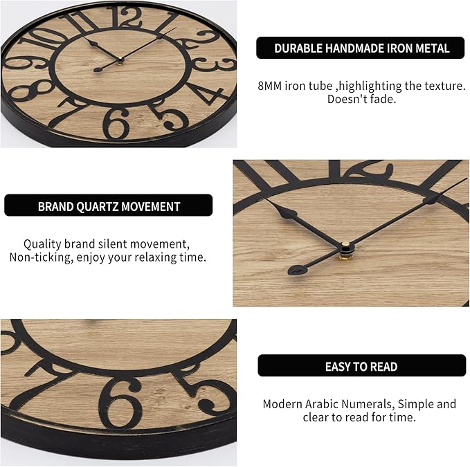 Maxstar Wall Clock Silent Bronze Rustic Farmhouse Metal & Wood with Arabic Numeral, Battery Operated Wall Clocks Decorative for Living Room Bedroom Office Home Decor 13inch