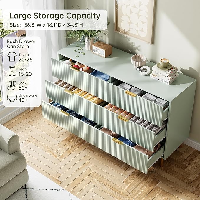 GarveeHome Green Dresser, Modern 6 Drawer Dresser for Bedroom with Gold Handle and Large Drawer, Wood Double Chest of Drawers and Storage Organizer for Living Room, Hallway, Entryway