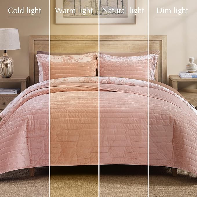 WRENSONGE Velvet King Size Quilt Set-3 Pieces Clay Pink Luxurious Velvet Striped Channel Comforter with 2 Shams, Soft Bedspread Coverlet Quilted Bedding Set for All Season