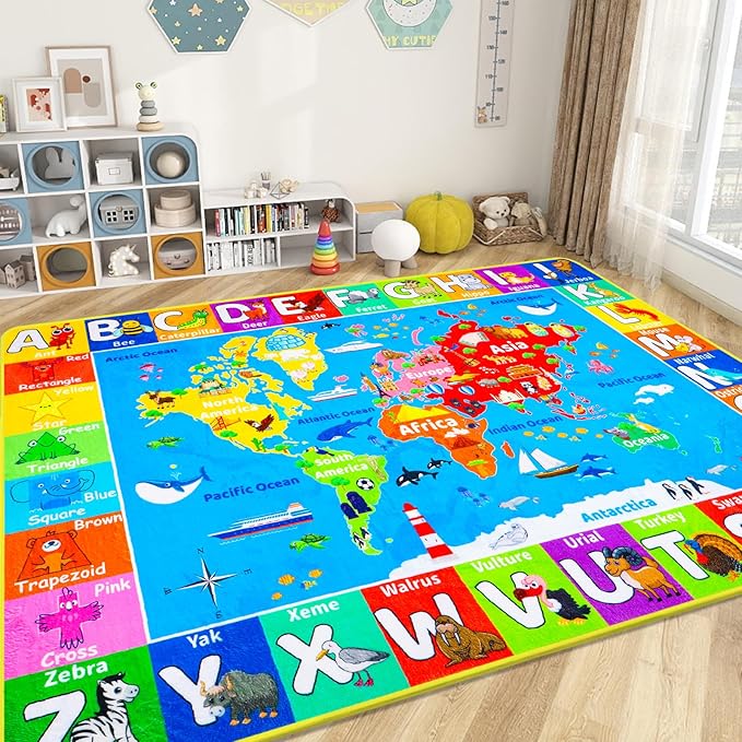 World Map ABC Kid Rug for Playroom 78.7"×59" Geography Classroom Play Rug Educational Baby Playmat Alphabet Rug for Primary School Fluffy Ployester Non-Slip Preschool Rug for Nursery Room