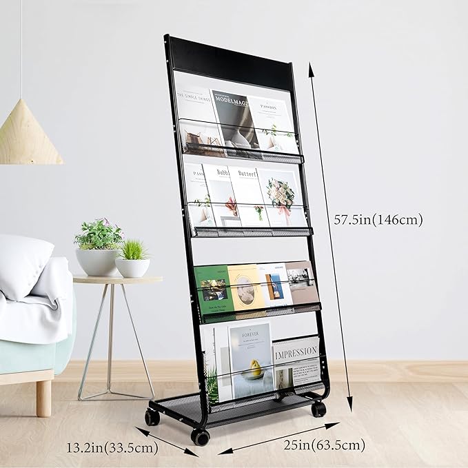 Floor Magazine Rack Brochure Display Stand 4-Layer With Wheels And Top Billboard, Newspaper Literature Holder High-Hardness Metal For Office Exhibitions, Black (57.5''*25''*13.2'')