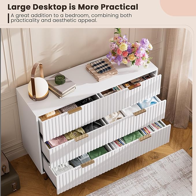 GarveeHome White 6 Drawer Dresser for Bedroom, Fluted 47.2 in Wide Modern Chest of Drawers with Deep Drawers, Long Large Double Dresser TV Stand for Living Room, Hallway, Kids Room