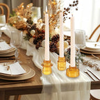 Double Sided Vintage Ribbed Taper Glass Candle Holders,Tea Candle Holder for Table Centerpieces, Wedding Decorations and Dinner Parties (Amber, 3 PCS)