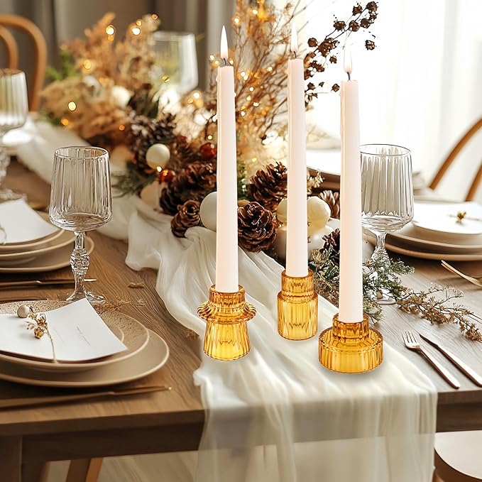 Double Sided Vintage Ribbed Taper Glass Candle Holders,Tea Candle Holder for Table Centerpieces, Wedding Decorations and Dinner Parties (Amber, 6 PCS)
