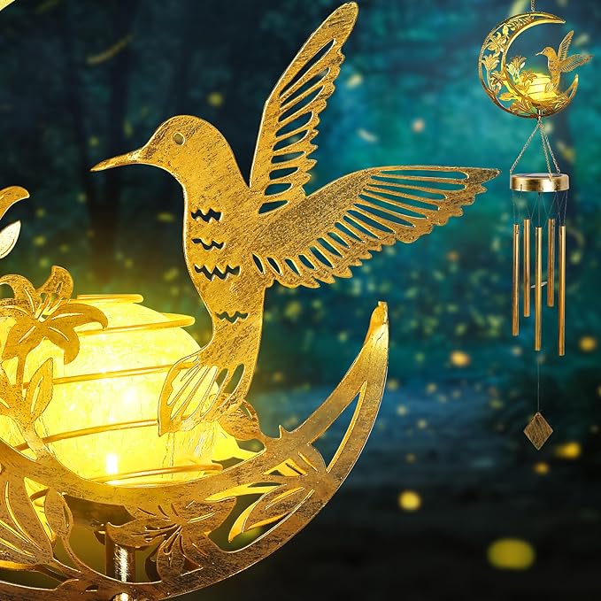 JOBOSI Moon Hummingbird Wind Chimes Decor Gifts, Solar Hummingbird Wind Chimes for Outside, Mother's Day Wind Chime Gift, Gifts for Mom, Women, Grandma, Outdoor Garden Lawn Yard Decor